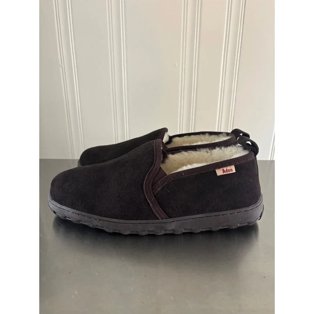 Aden Mens Suede Slippers Dark Brown Lambskin Lined House Shoes Size 10